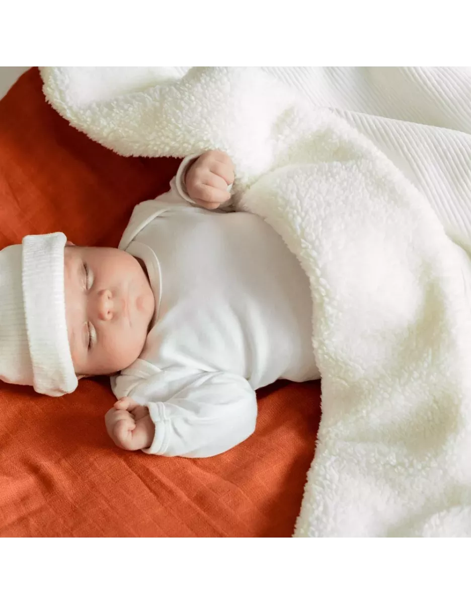 Couverture bébé bi-matière velours côtelé et sherpa - Blanc - Trois Kilos Sept