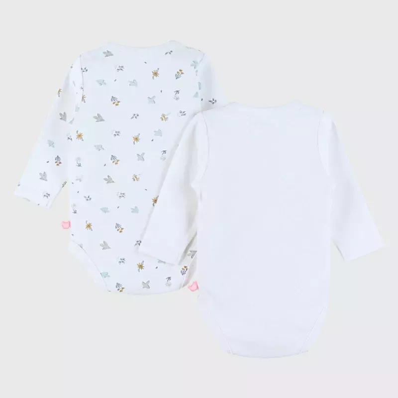 Lot de 2 bodies bébé manches longues jersey - petit oiseau et fleurs - Noukie's