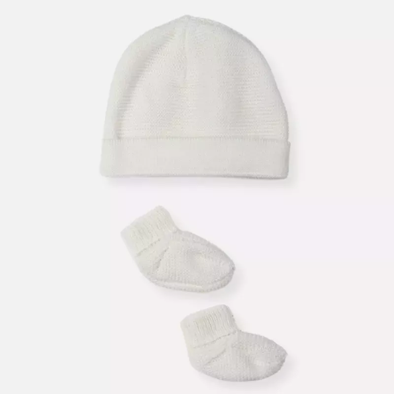Duo bonnet + chaussons maille tricot Collection Éco-responsable - Écru - La Manufacture de Layette