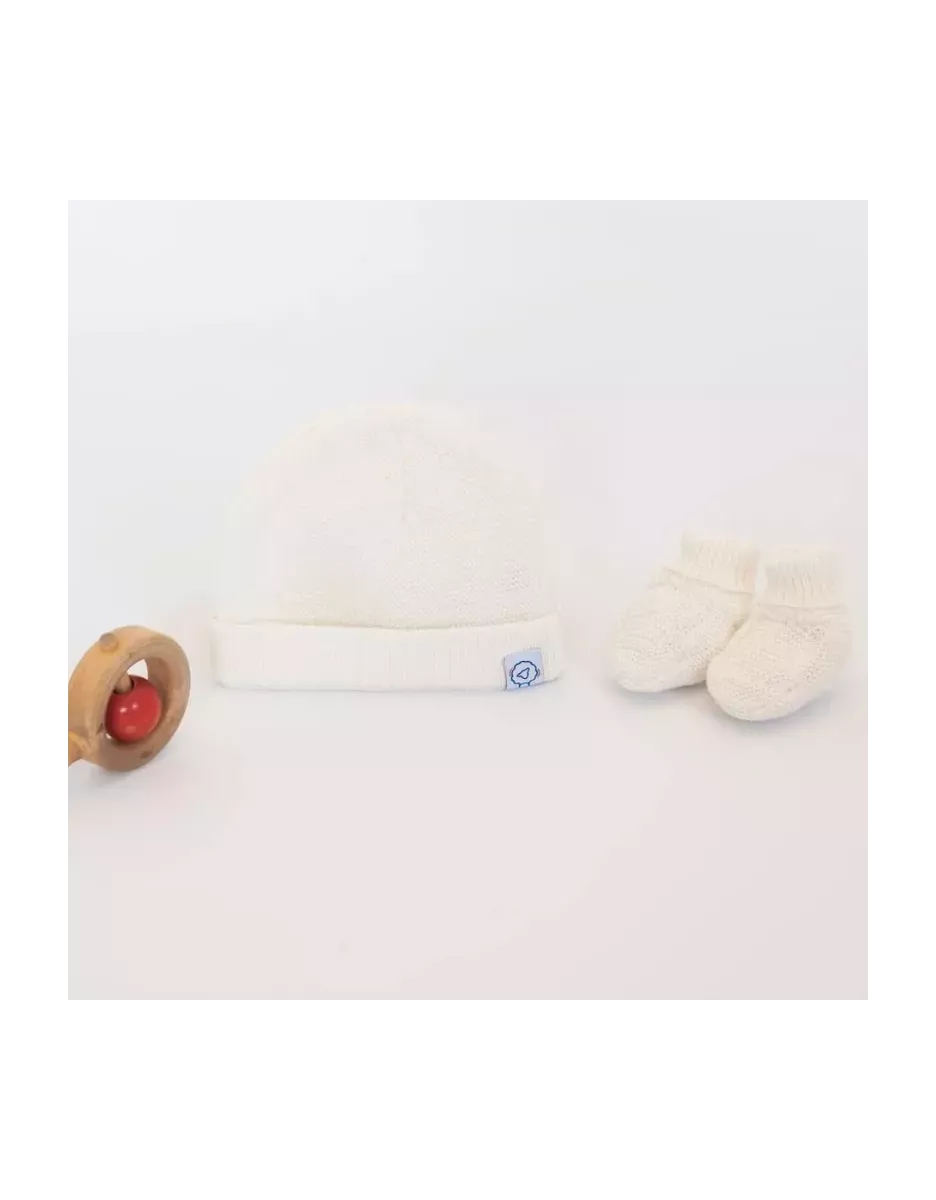 Duo bonnet + chaussons maille tricot Collection Éco-responsable - Écru - La Manufacture de Layette